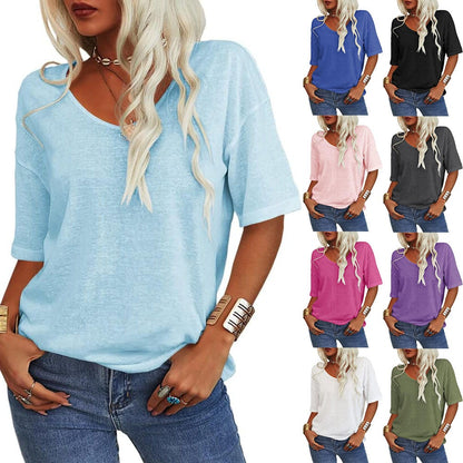 ✨Offerta a Tempo Limitato💥  Maglietta da Donna a Tinta Unita con Scollo a V